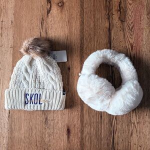 Vikings Cable Knit Pom Pom Beanie & Faux Fur Ear Muffs Set